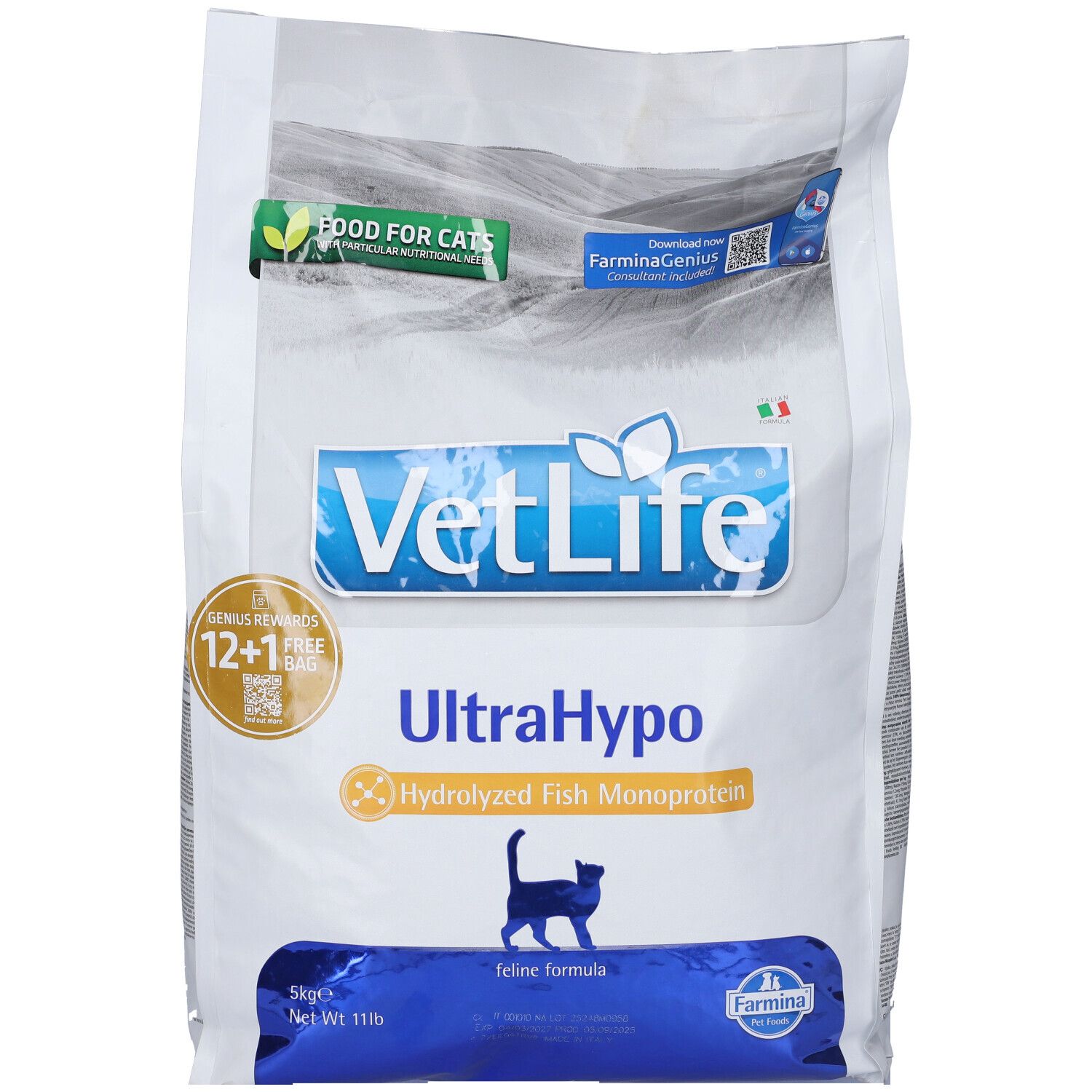 Weißer Beutel mit blauer Schrift. Aufschrift: VetLife UltraHypo, hydrolysiertes Fisch-Monoprotein. Katze-Silhouette.