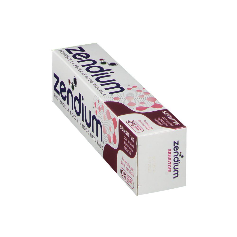 Scatola di dentifricio Zendium Sensitive. Bianca, con elementi viola e rosa. Scritta: Zendium Sensitive.