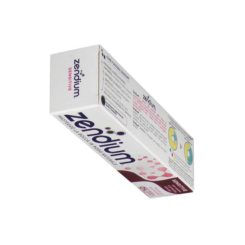 Scatola di dentifricio Zendium Sensitive. Bianca, con elementi viola e rosa. Scritta: Zendium Sensitive.