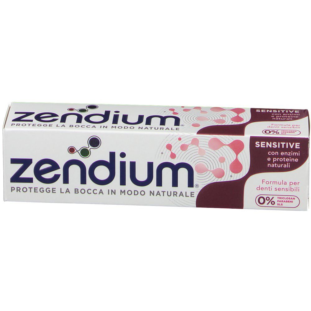 Scatola di dentifricio Zendium Sensitive. Bianca, con elementi viola e rosa. Scritta: Zendium Sensitive.