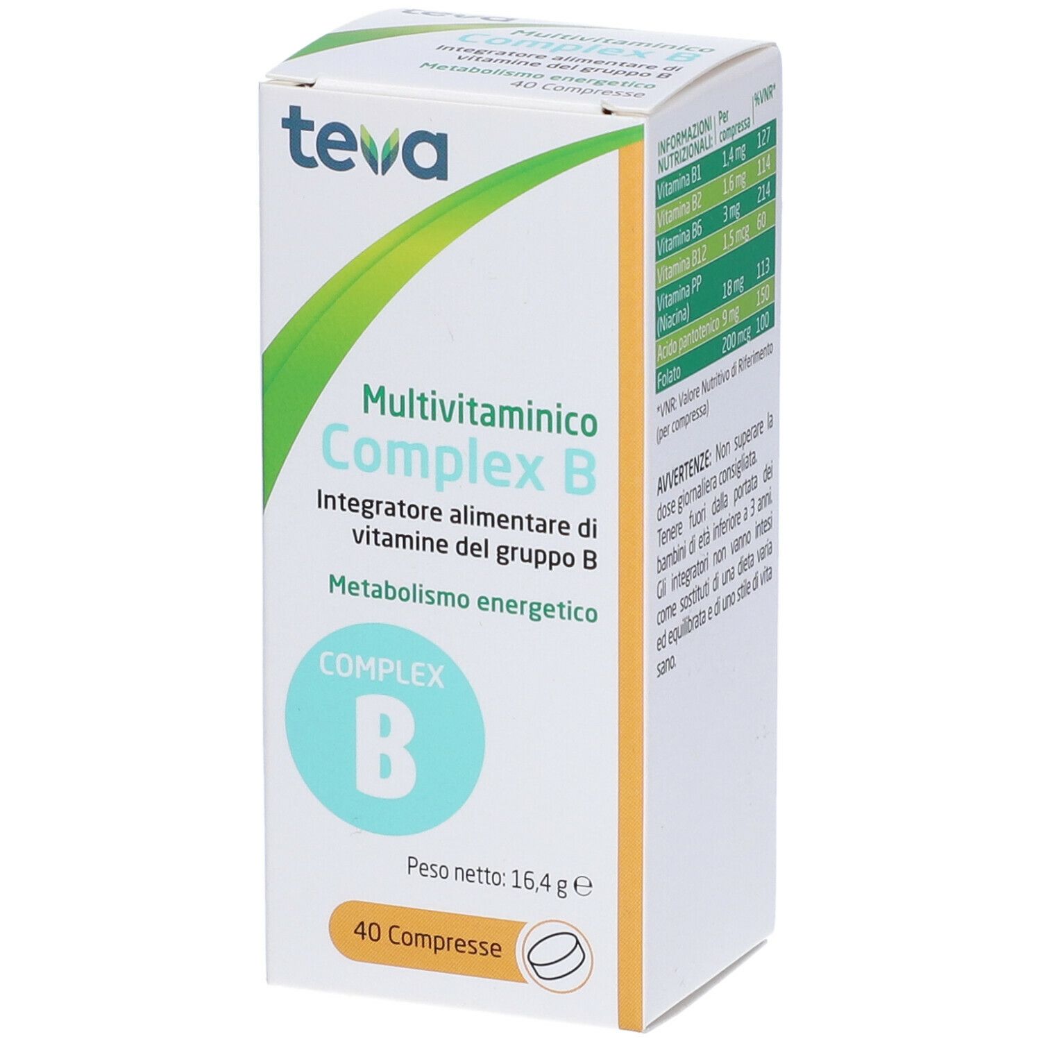 Scatola di Multivitaminico Complex B compresse. Contiene 40 compresse. Marchio: Teva.