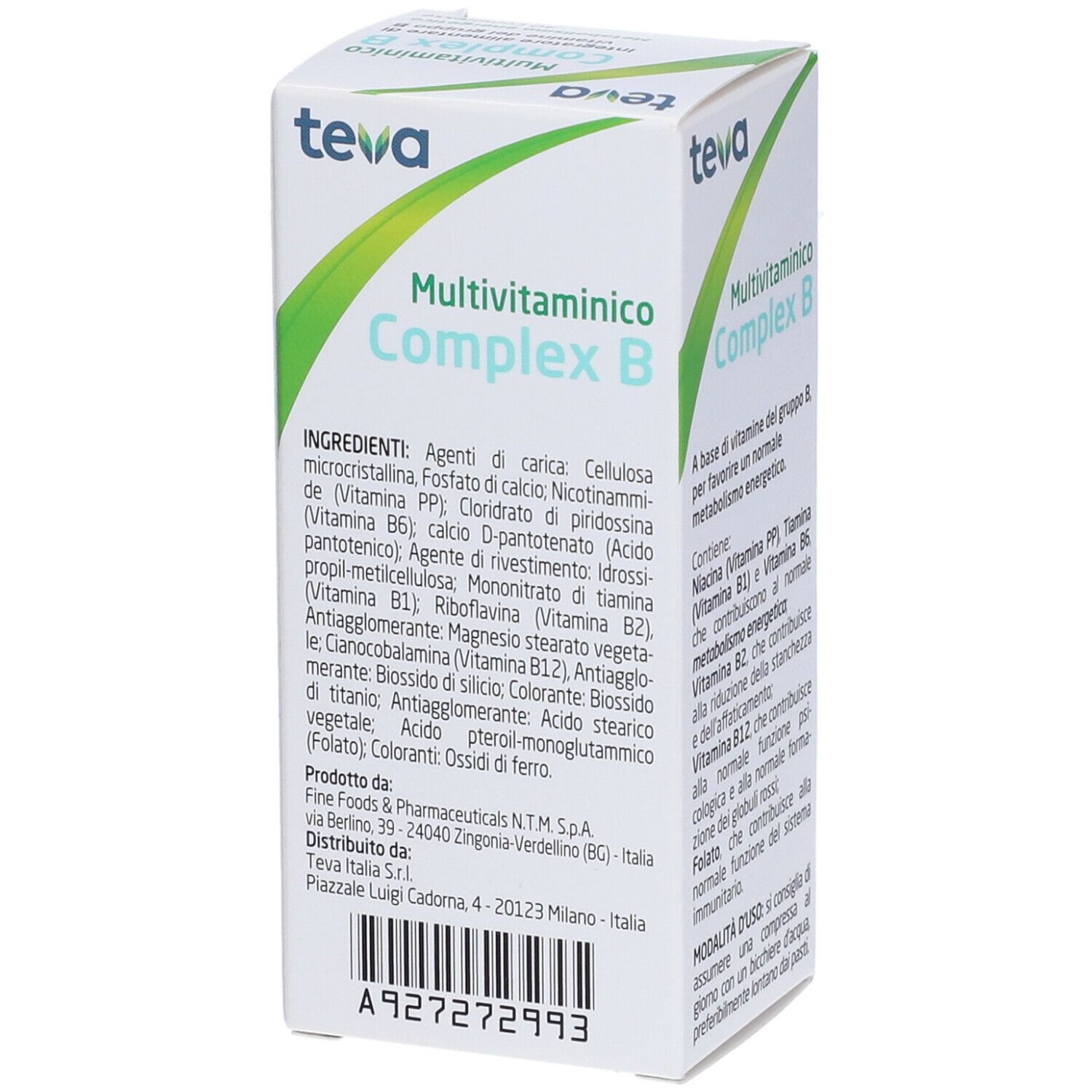 Scatola di Multivitaminico Complex B compresse. Contiene ingredienti e informazioni del produttore.