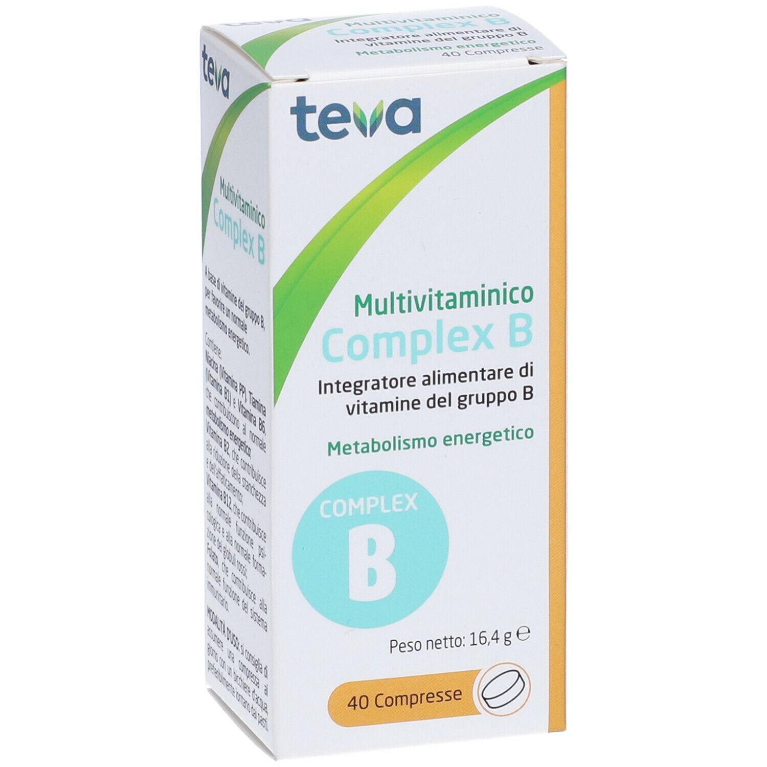 Scatola di Multivitaminico Complex B compresse. Contiene 40 compresse. Marchio: Teva.