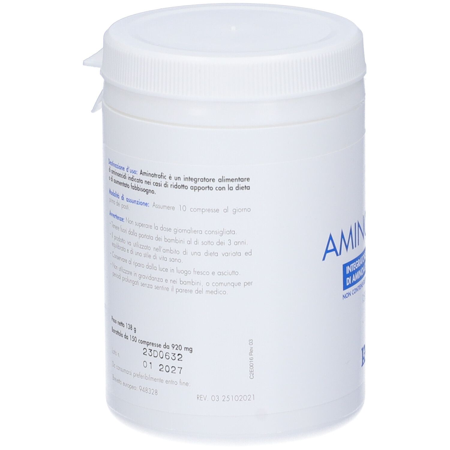 Pot Aminotrofic blanc, avec texte. Contient 150 comprimés. Dos avec texte et date d'expiration.