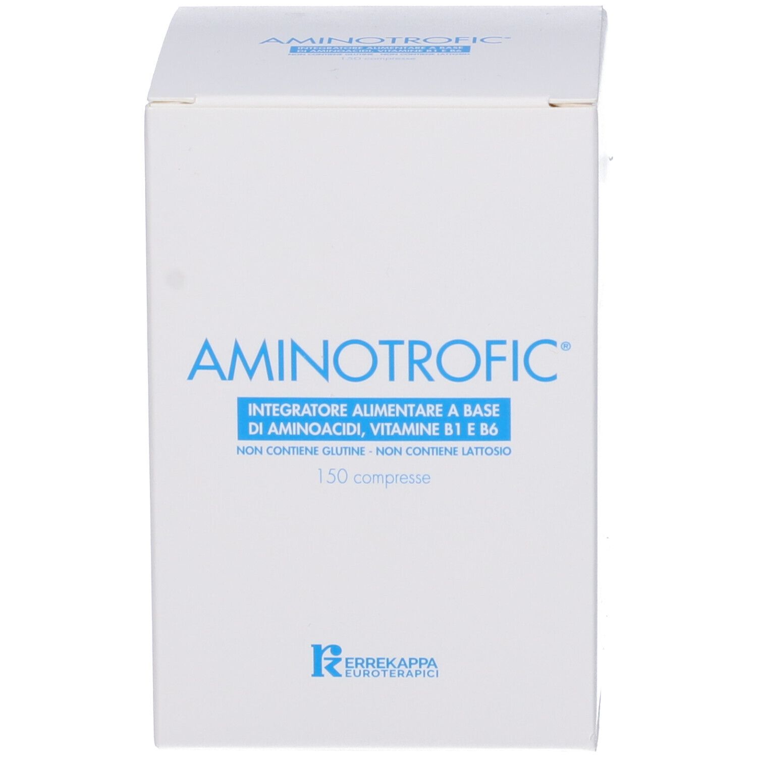 Boîte Aminotrofic, blanche avec texte bleu. Contient 150 comprimés. Marque : Errekappa Euroterapici.
