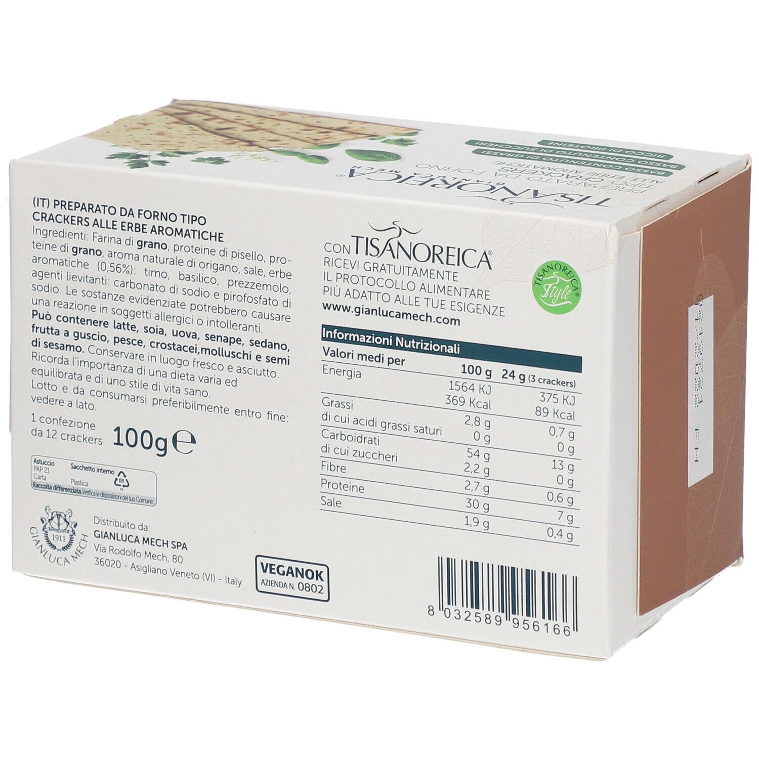 Retro della confezione di cracker. Contiene informazioni nutrizionali e ingredienti. Scritte: TISANOREICA, VEGANOK.