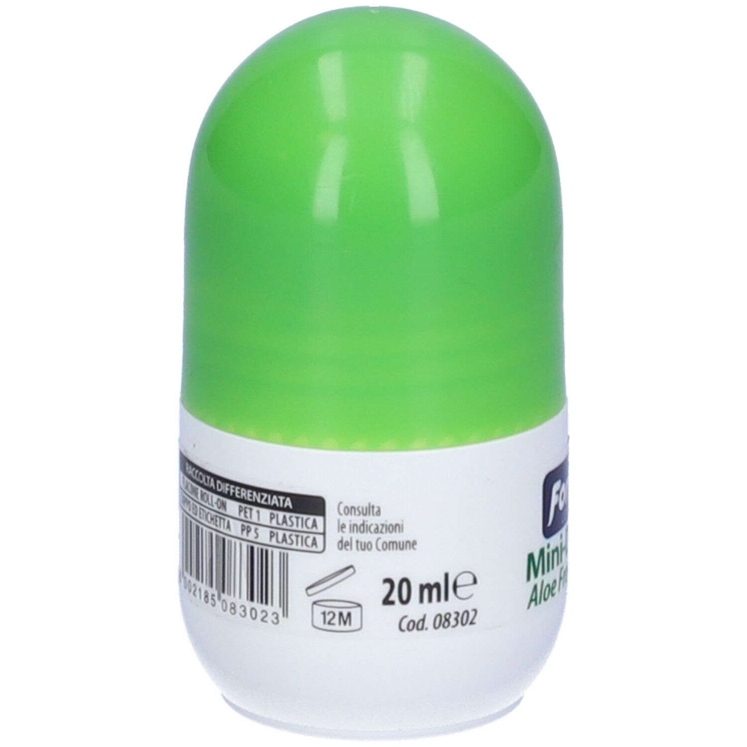 Retro di un deodorante roll-on verde. Scritta: 20 ml, 12M. Ingredienti e informazioni del produttore.