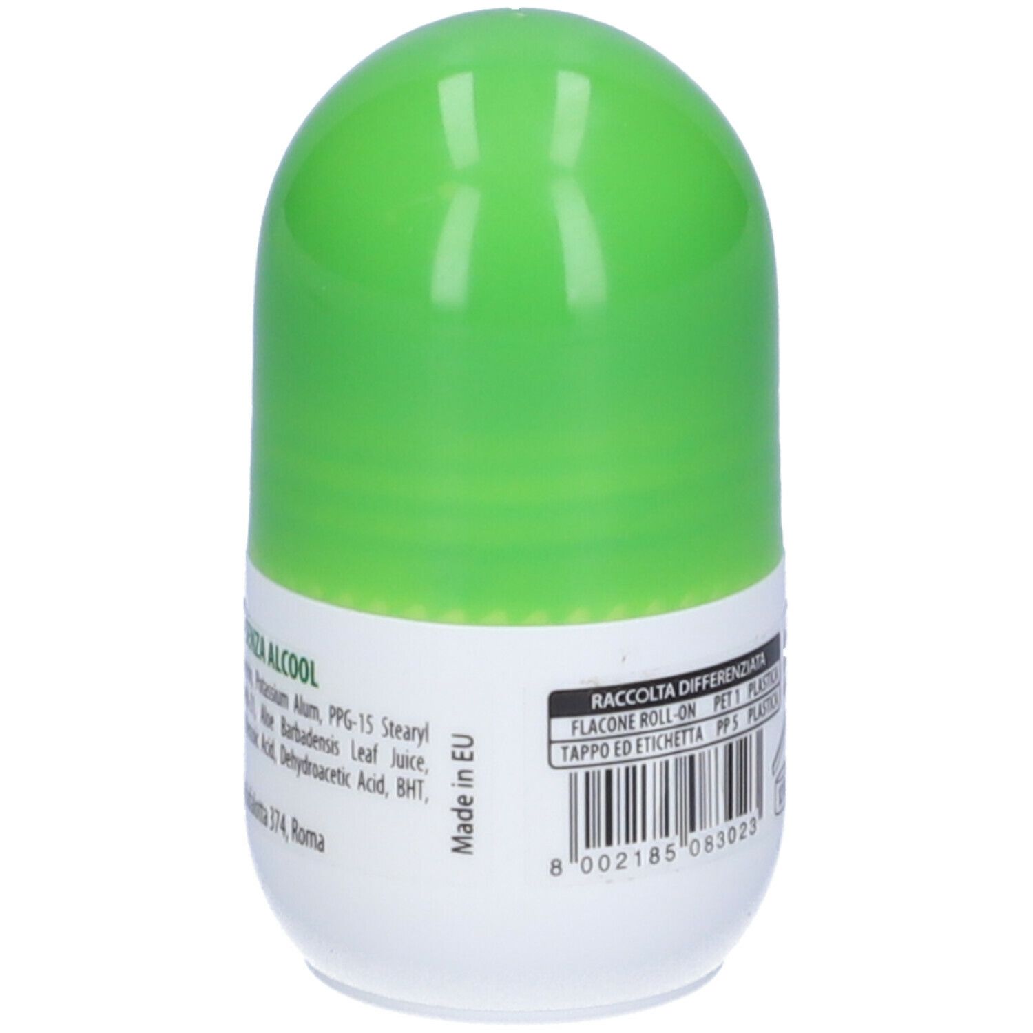 Retro di un deodorante roll-on verde. Scritta: Ingredienti, informazioni del produttore e codice a barre.