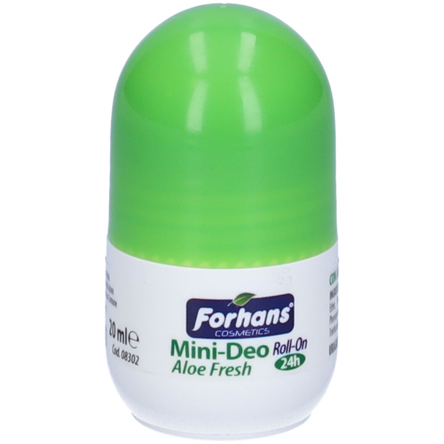 Deodorante roll-on verde. Scritta: Forhans Mini-Deo Roll-On Aloe Fresh 24h. Con Aloe Vera.