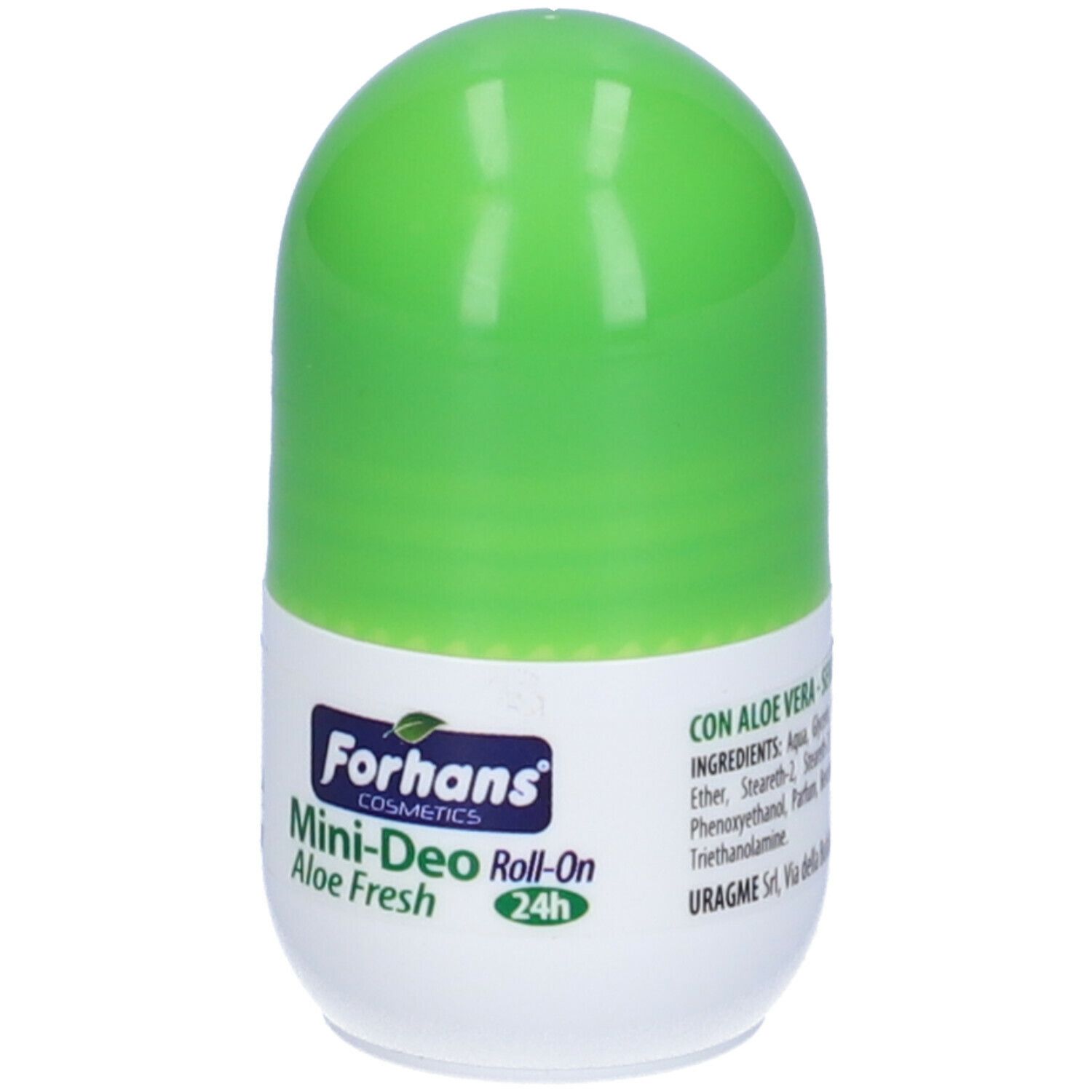 Deodorante roll-on verde. Scritta: Forhans Mini-Deo Roll-On Aloe Fresh 24h. Con Aloe Vera. Ingredienti.