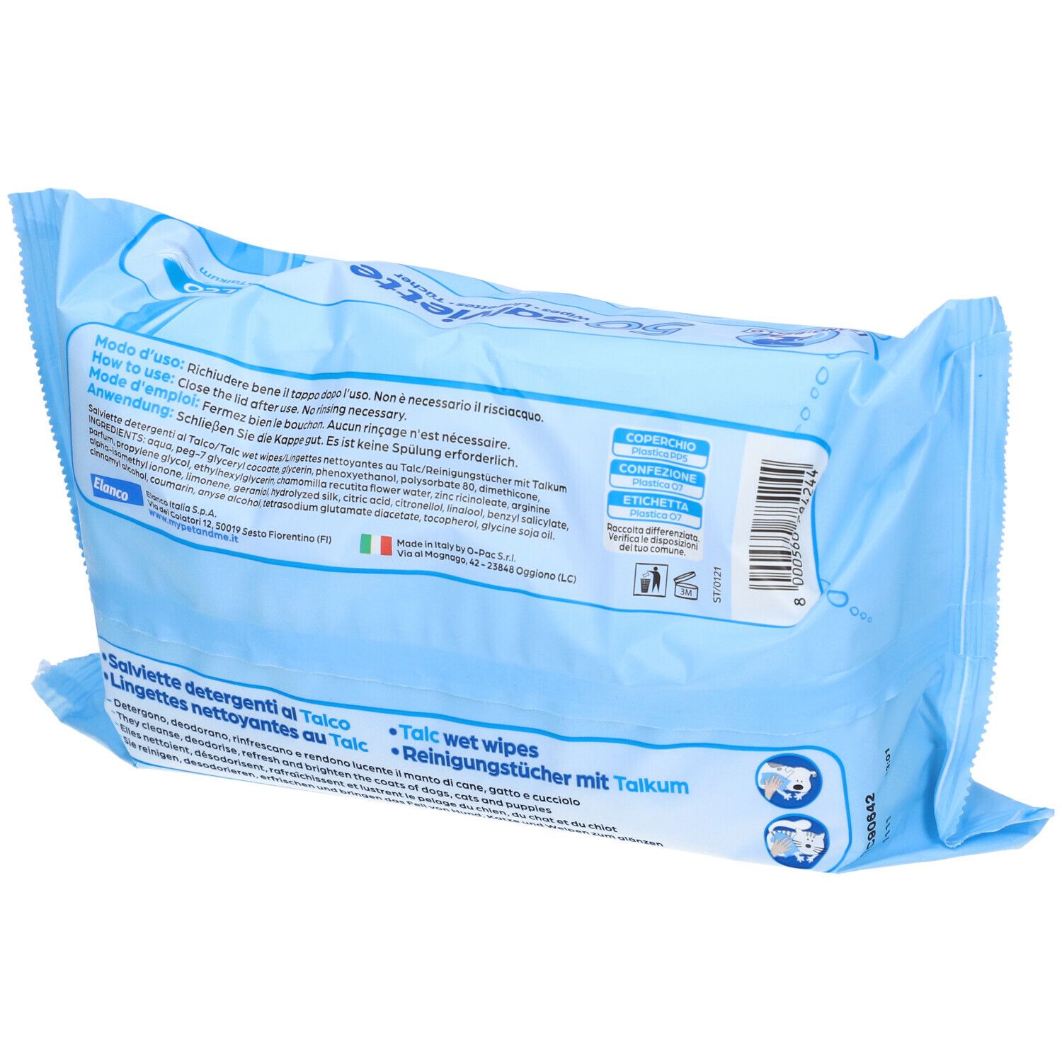 Rückseite einer hellblauen Verpackung mit 50 Reinigungstüchern. Text: Inhaltsstoffe, Anwendungshinweise, Herstellerinformationen.