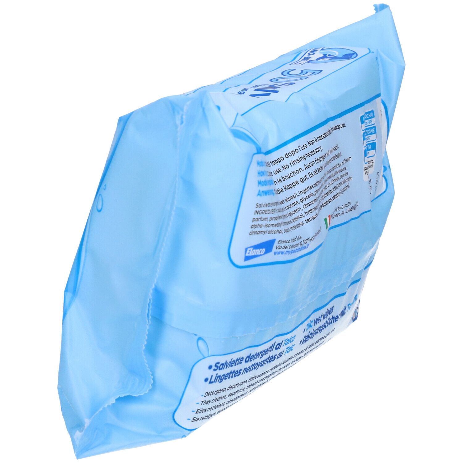 Schrägansicht einer hellblauen Verpackung mit 50 Reinigungstüchern. Text: Inhaltsstoffe, Anwendungshinweise, Herstellerinformationen.
