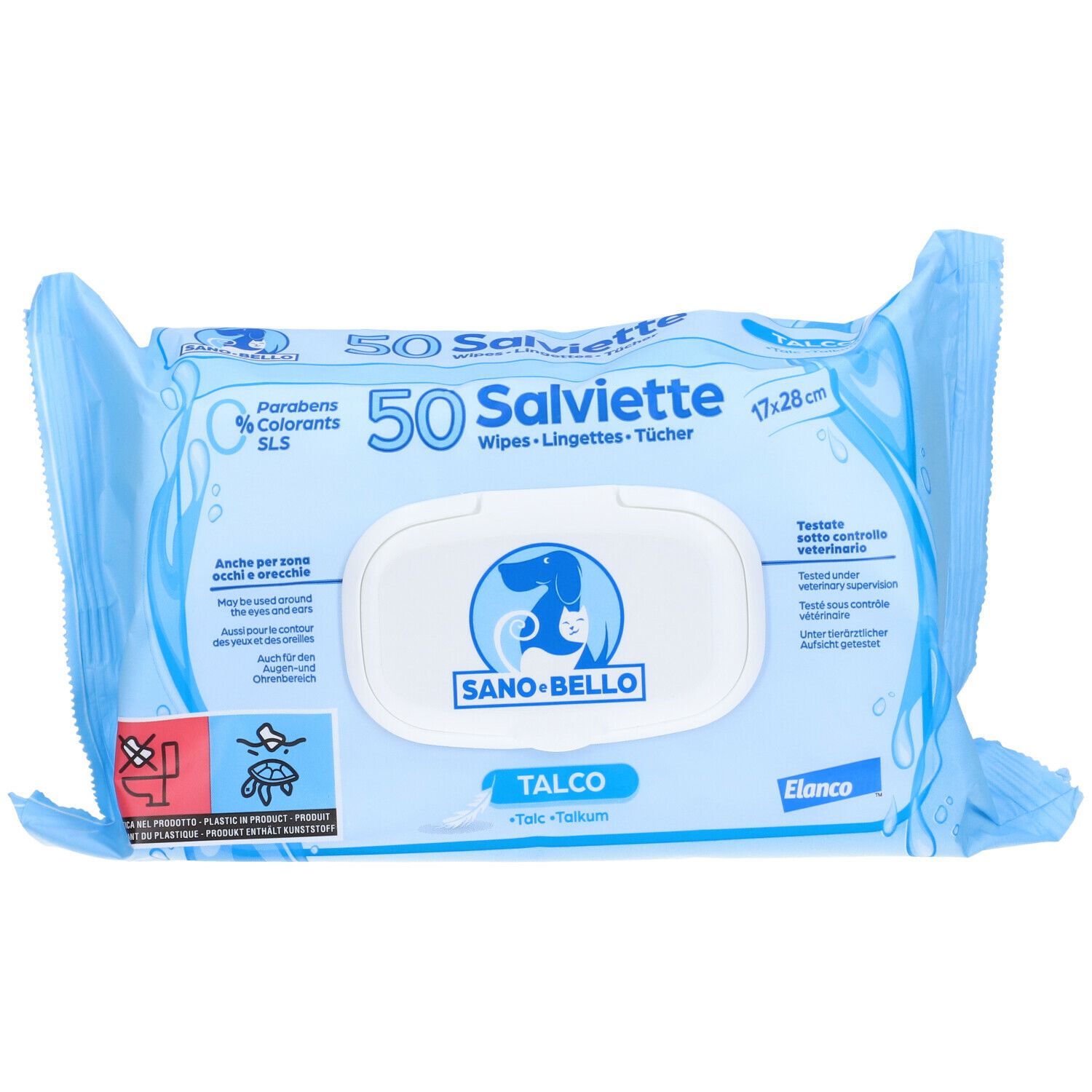 Hellblaue Verpackung mit 50 Reinigungstüchern. Aufdruck: Sano-Bello, Talco, 17x28cm. Enthält keine Parabene und Farbstoffe.