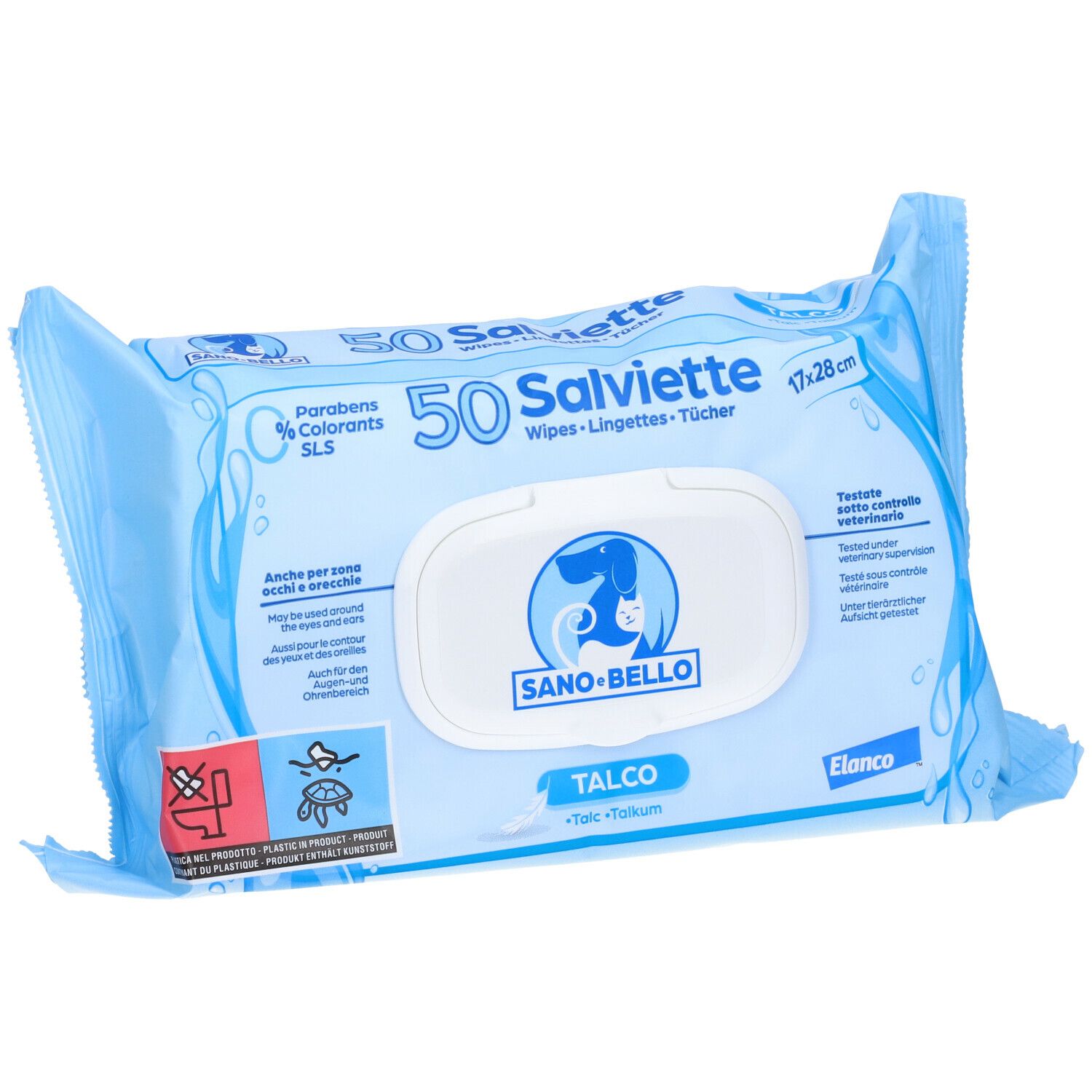 Hellblaue Verpackung mit 50 Reinigungstüchern. Aufdruck: Sano-Bello, Talco, 17x28cm. Enthält keine Parabene und Farbstoffe.