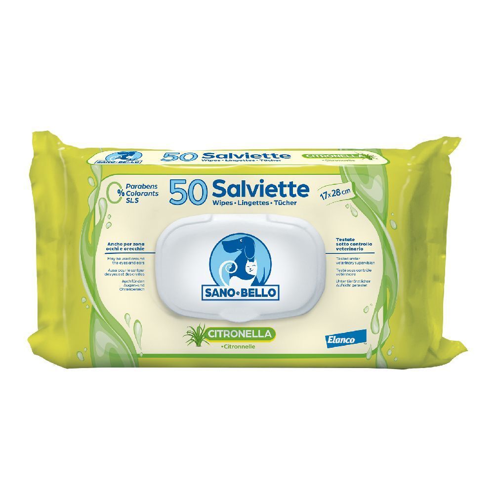 Confezione da 50 salviette. Marchio Sano Bello, scritta Citronella. Confezione verde-gialla con coperchio bianco.