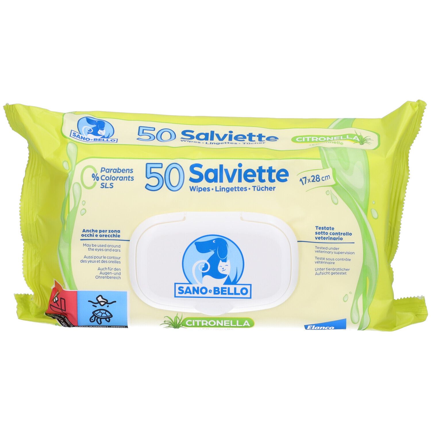 Confezione da 50 salviette. Marchio Sano Bello, scritta Citronella. Confezione verde-gialla con coperchio bianco. Simboli aggiuntivi.