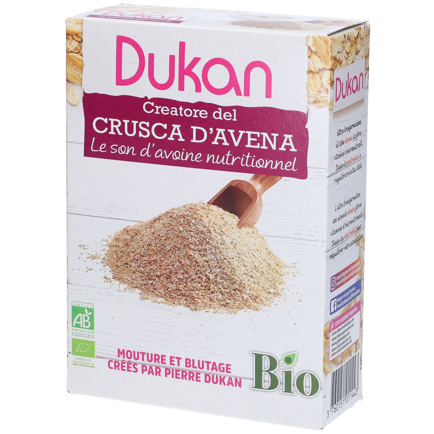 Confezione di Dukan Crusca d'avena bio. Fronte con nome prodotto, testo ed etichetta bio. Crusca d'avena con paletta in legno.