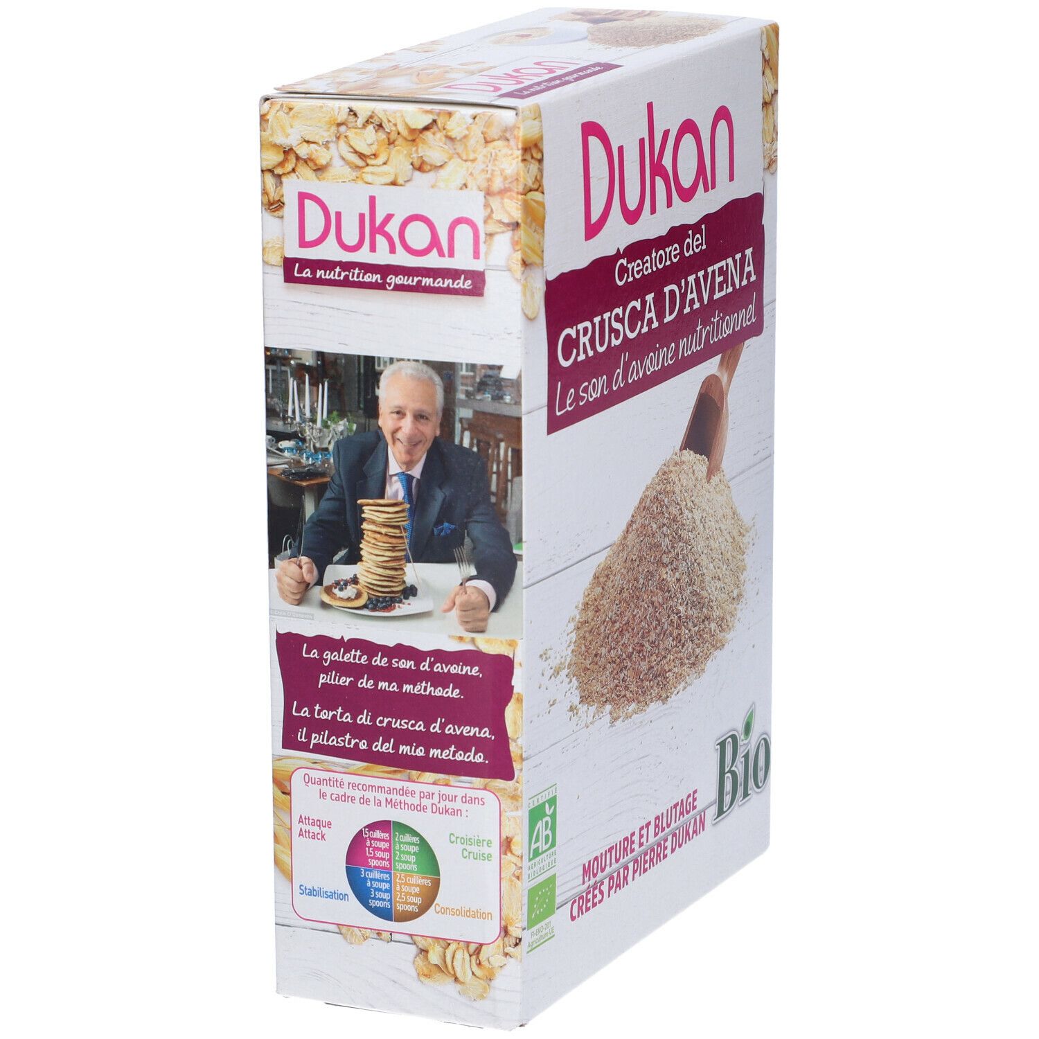 Confezione di Dukan Crusca d'avena bio. Lato con nome prodotto e foto di Pierre Dukan. Testo sul metodo Dukan.