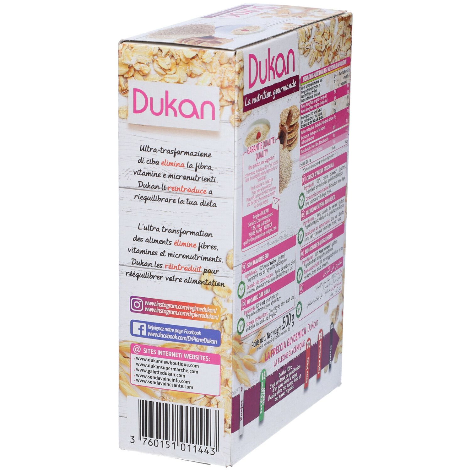 Confezione di Dukan Crusca d'avena bio. Lato con testo sui benefici del prodotto e informazioni di contatto.