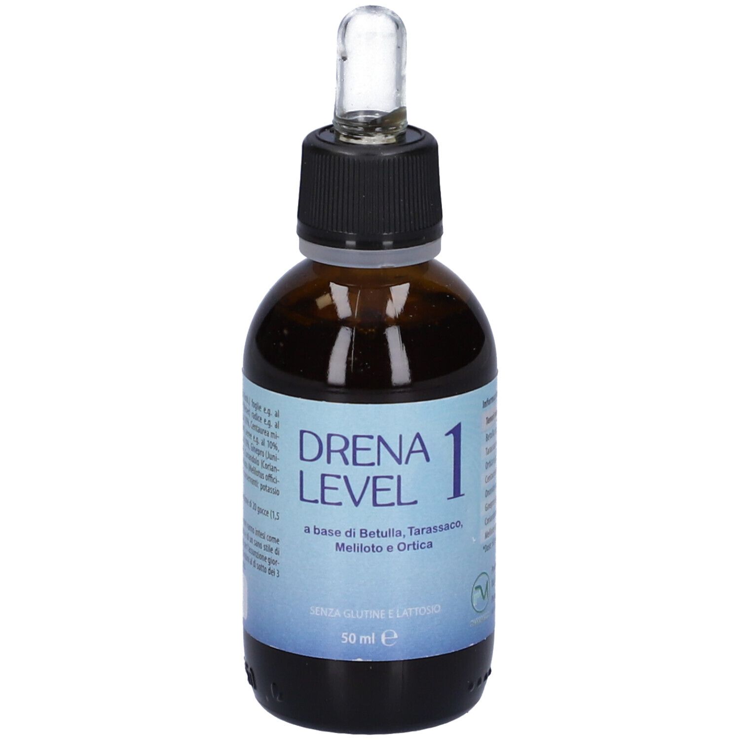 Flacone di vetro marrone con tappo nero e pipetta. Scritta: Drena Level 1. Etichetta blu con testo.