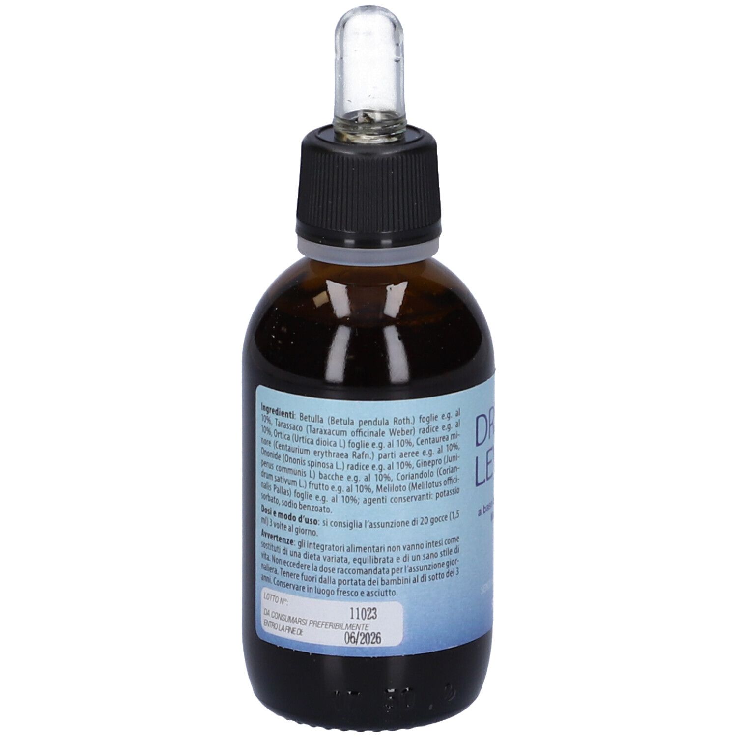 Flacone di vetro marrone con tappo nero e pipetta. Scritta: Drena Level 1. Etichetta con ingredienti.
