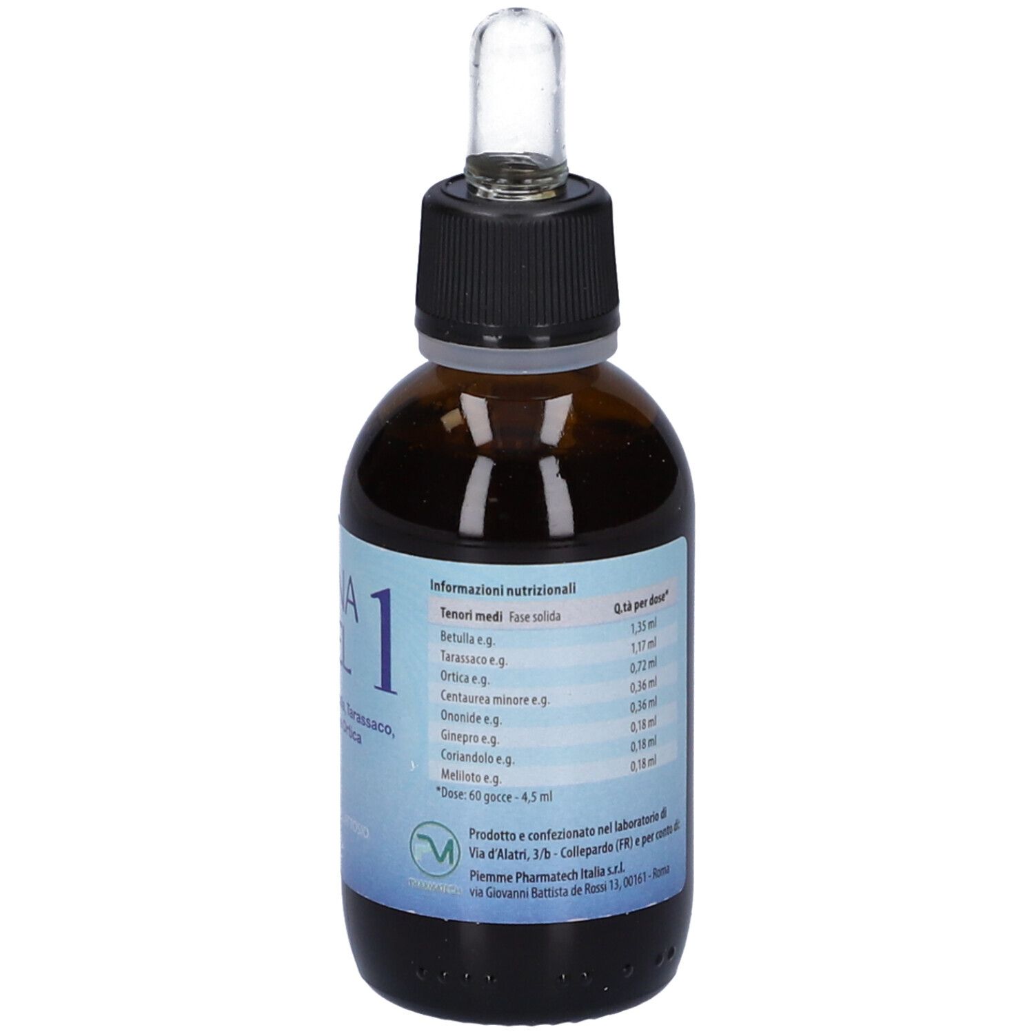 Flacone di vetro marrone con tappo nero e pipetta. Scritta: Drena Level 1. Etichetta con informazioni nutrizionali.
