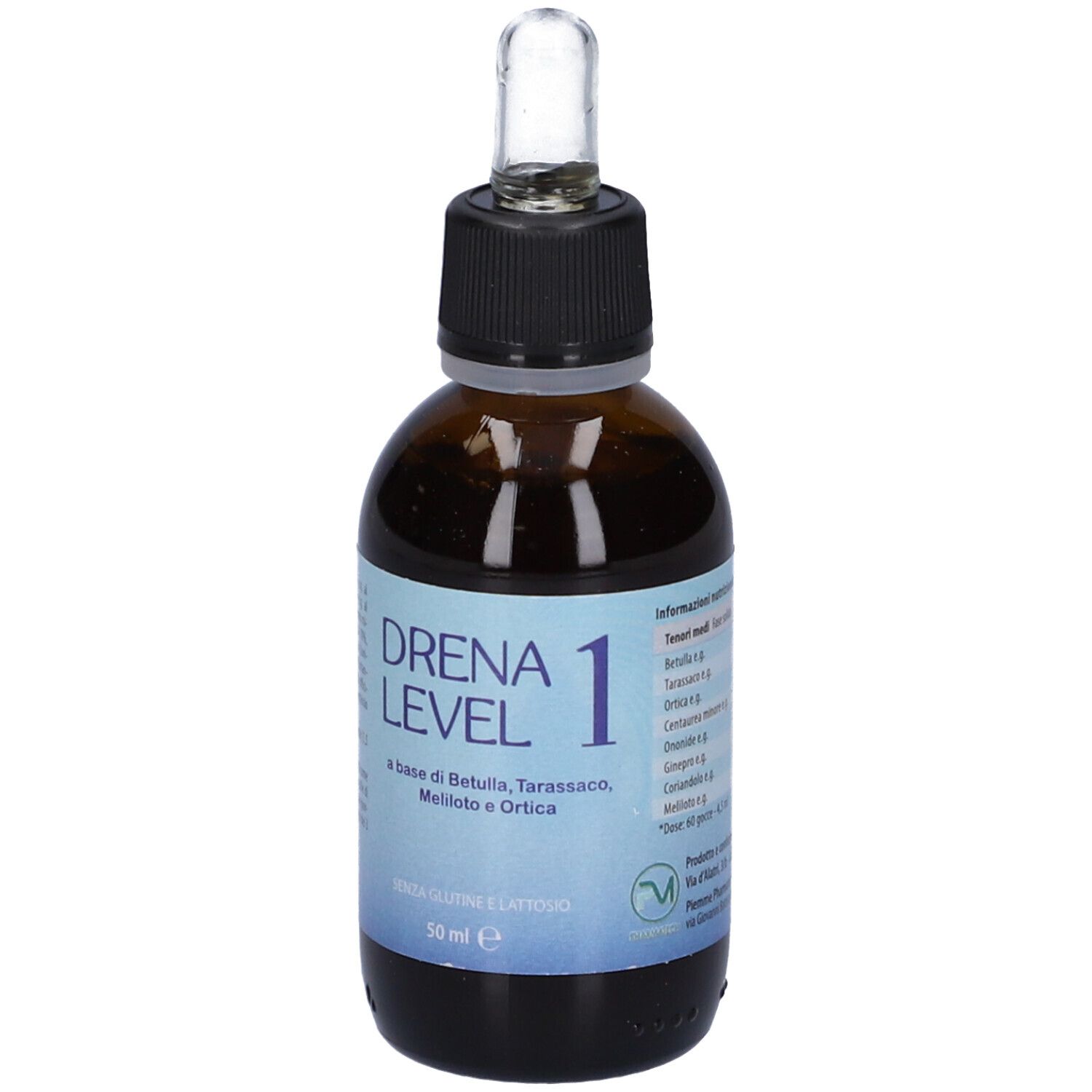 Flacone di vetro marrone con tappo nero e pipetta. Scritta: Drena Level 1. Etichetta blu con testo e logo.