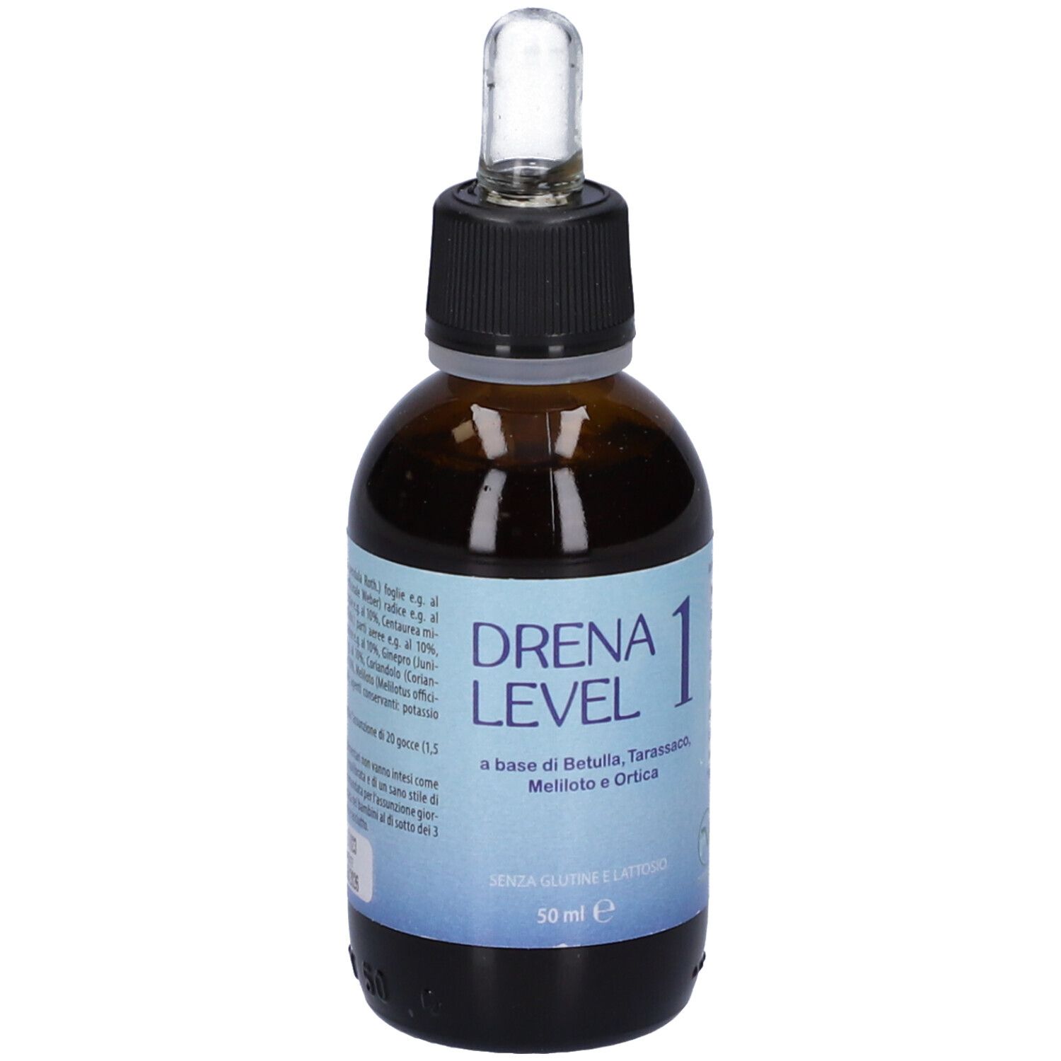 Flacone di vetro marrone con tappo nero e pipetta. Scritta: Drena Level 1. Etichetta blu con testo e logo.