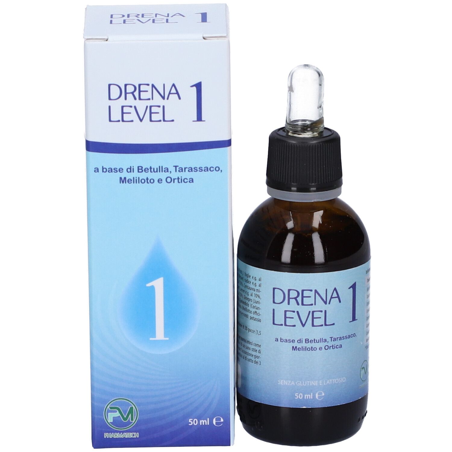 Confezione e flacone del prodotto. Scatola bianca con scritta Drena Level 1. Flacone marrone con pipetta.