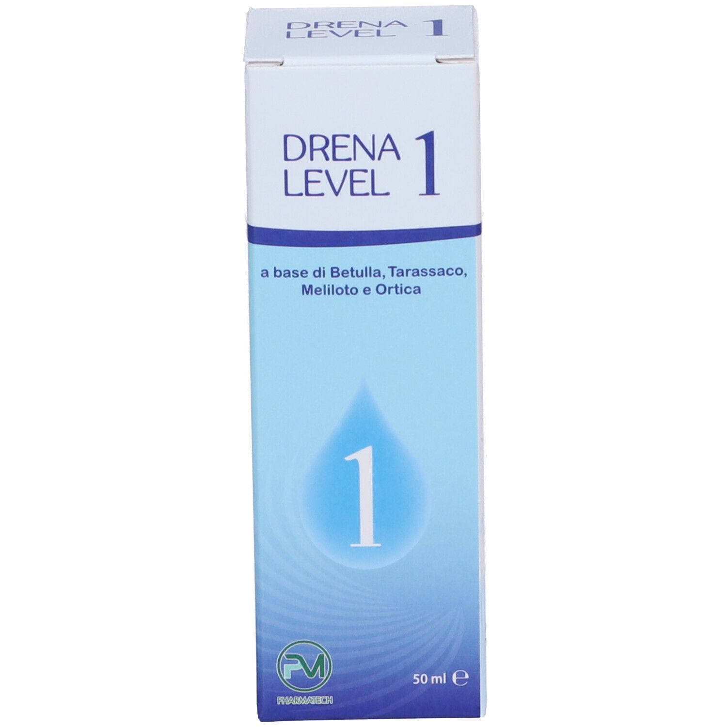 Scatola bianca con scritta Drena Level 1. Grafica a goccia blu e logo. 50 ml.