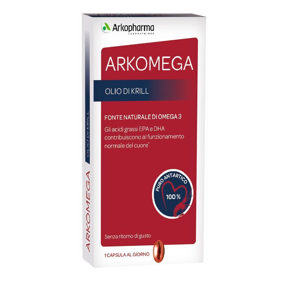 Scatola bianca con area rossa. Scritto: ARKOMEGA Olio di Krill. Una capsula accanto. Fonte naturale di Omega 3.