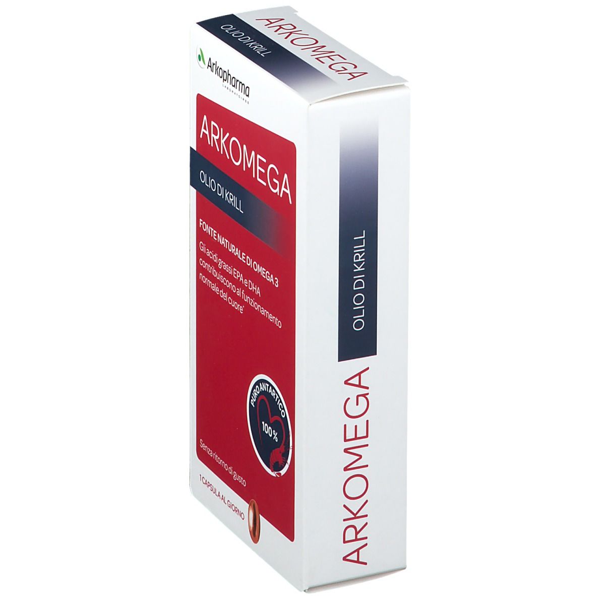 Scatola bianca con ARKOMEGA Olio di Krill. Area rossa con testo. Una capsula. Puro Antartico.