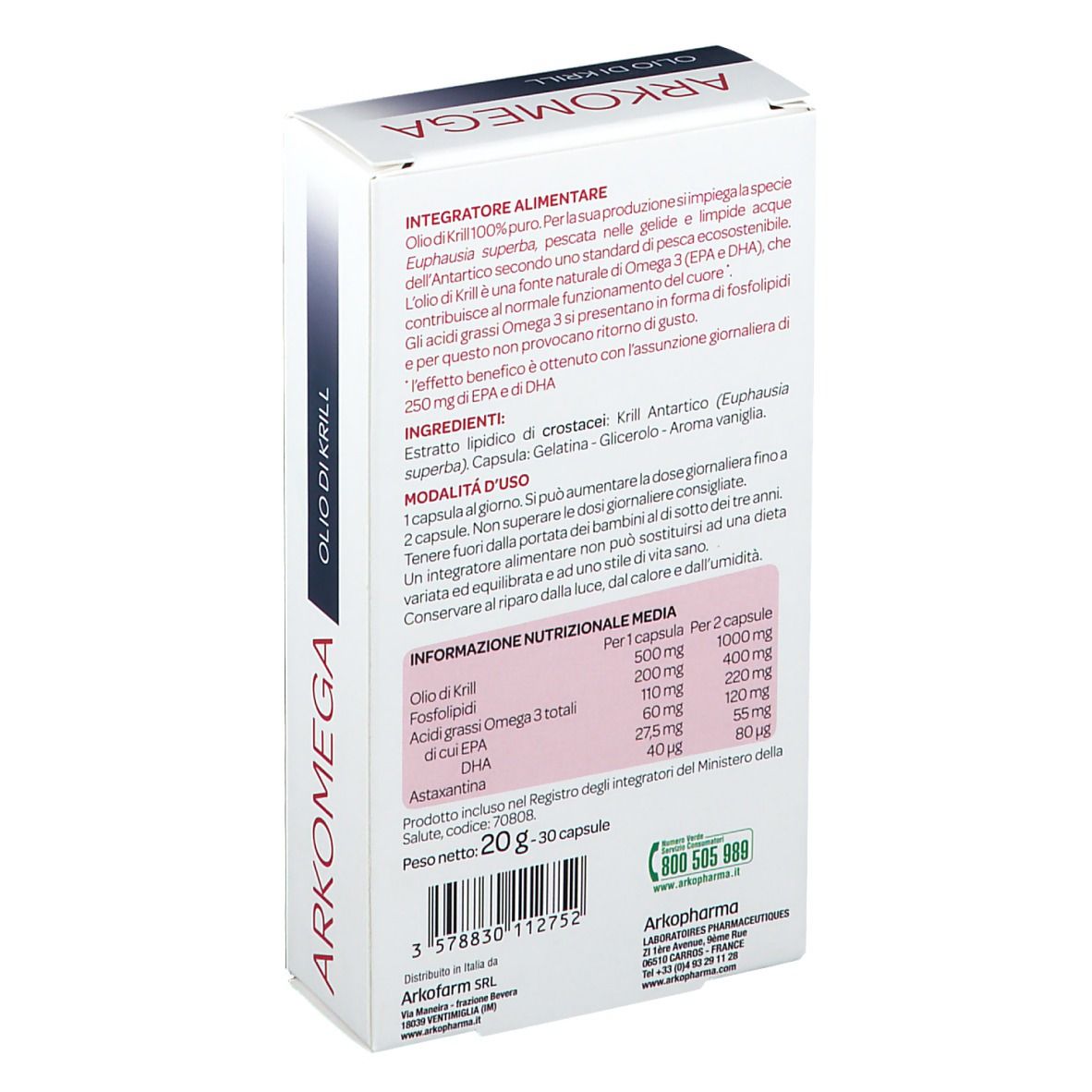 Retro confezione ARKOMEGA Olio di Krill. Testo su ingredienti e valori nutrizionali. 20g - 30 capsule.
