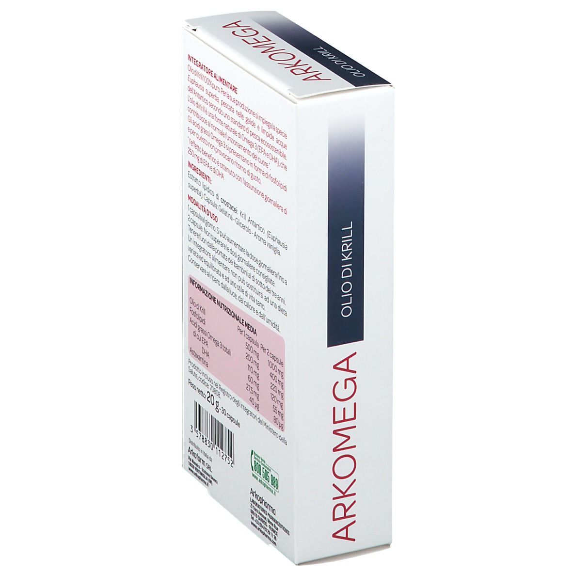 Vista laterale confezione ARKOMEGA Olio di Krill. Testo su ingredienti e valori nutrizionali. 20g - 30 capsule.