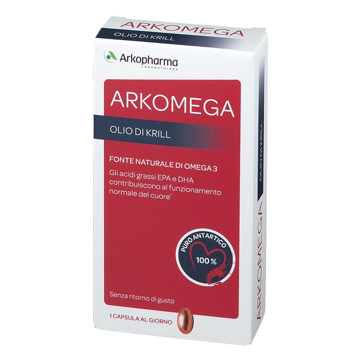 Scatola bianca con ARKOMEGA Olio di Krill. Area rossa con testo. Una capsula. Puro Antartico.