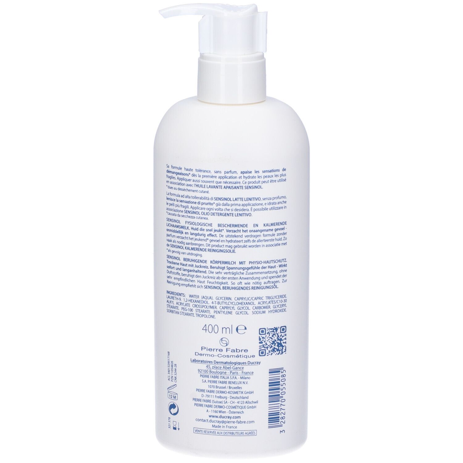 Dos du flacon blanc. Texte multilingue. Ingrédients, informations fabricant, code QR. 400 ml.