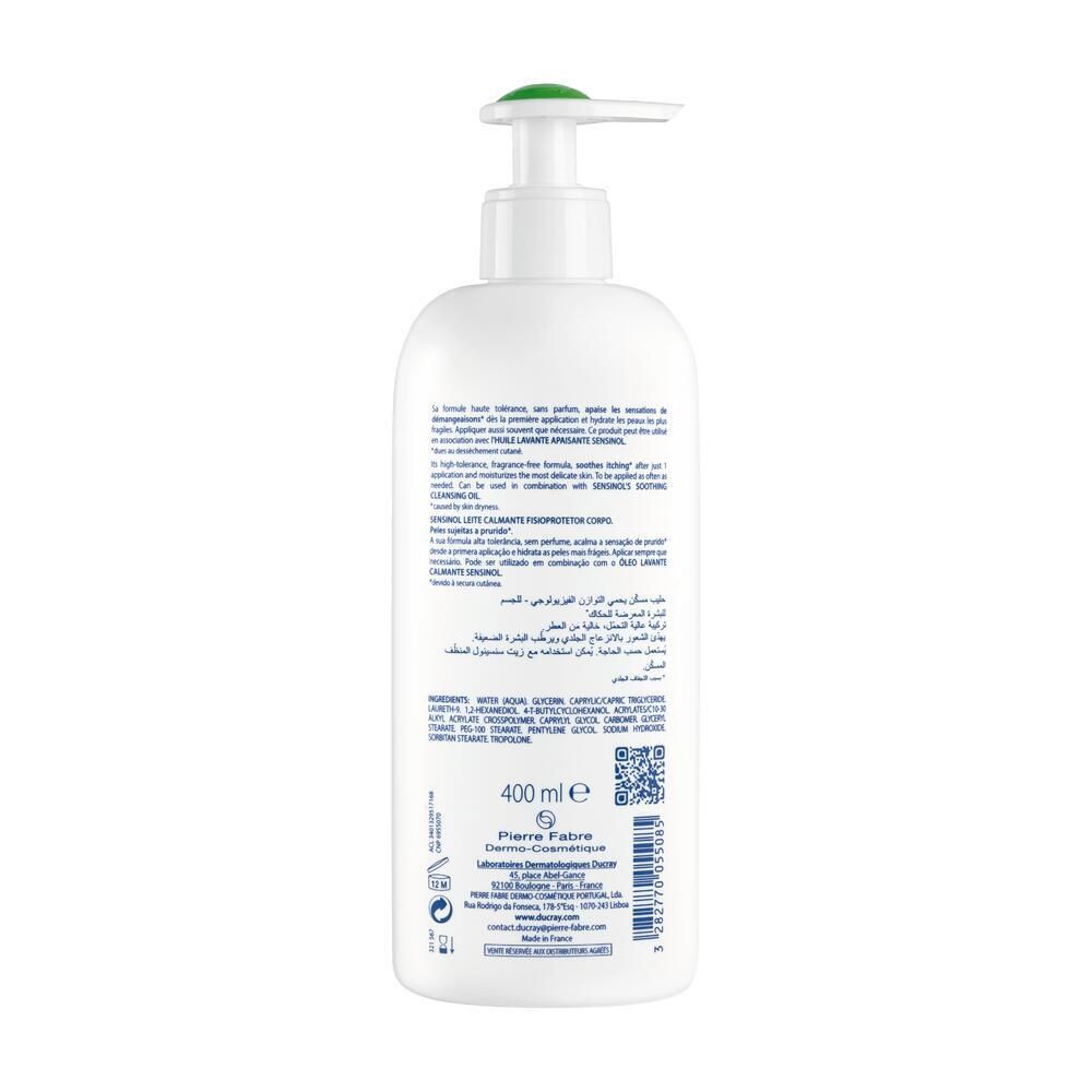 Dos du flacon blanc. Texte multilingue. Ingrédients, informations fabricant, code QR. 400 ml.