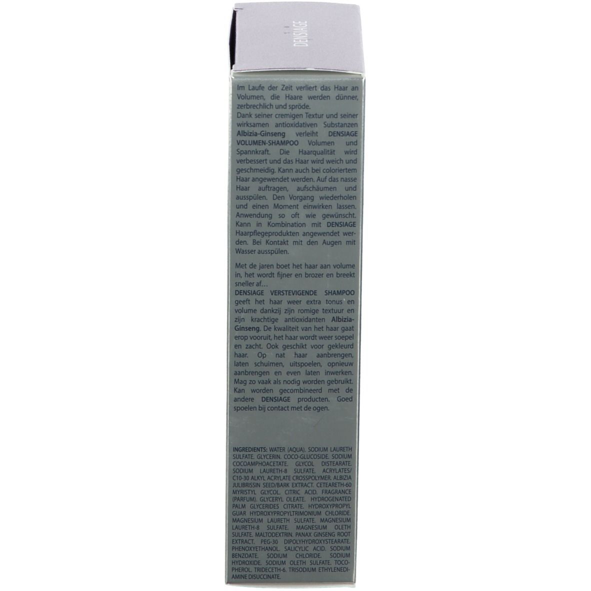 Produktverpackung. Text: DENSAGE VOLUMEN SHAMPOO. Inhaltsstoffe.
