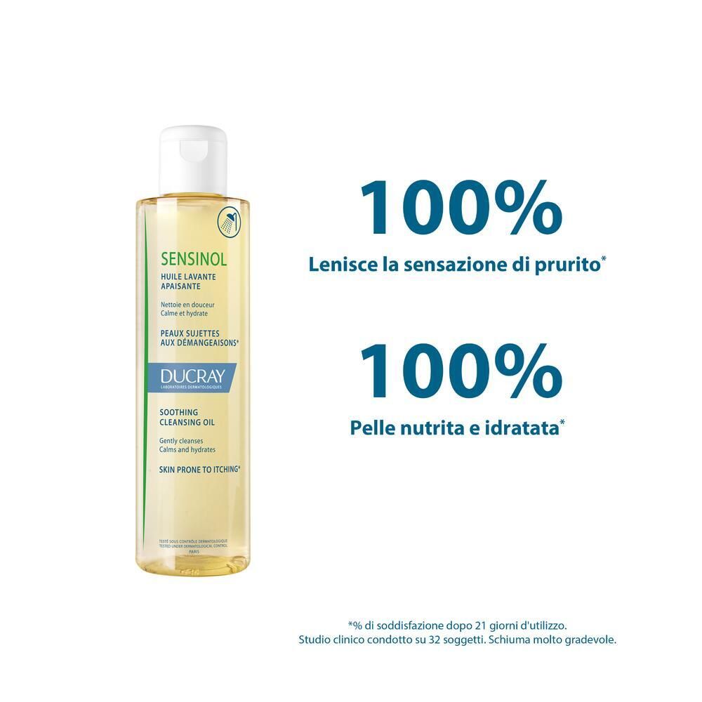 Produktflasche. Text: 100% Linderung von Juckreiz. 100% genährte und hydratisierte Haut.