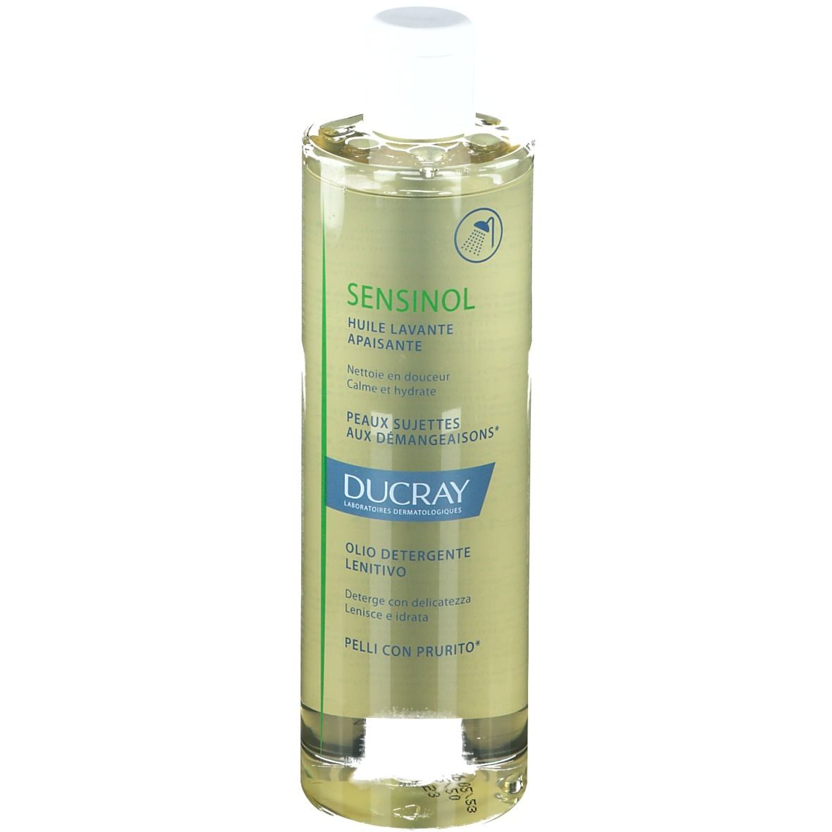 Ducray Sensinol Olio detergente. Bottiglia con liquido giallo, tappo bianco ed etichetta.