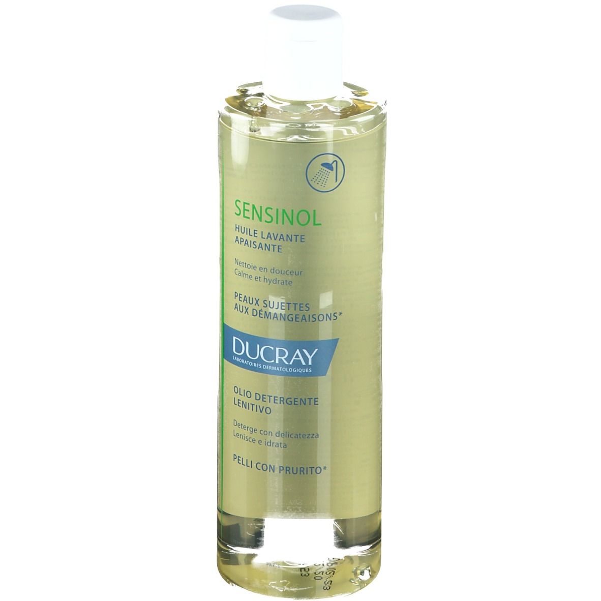 Ducray Sensinol Olio detergente. Bottiglia con liquido giallo, tappo bianco ed etichetta.