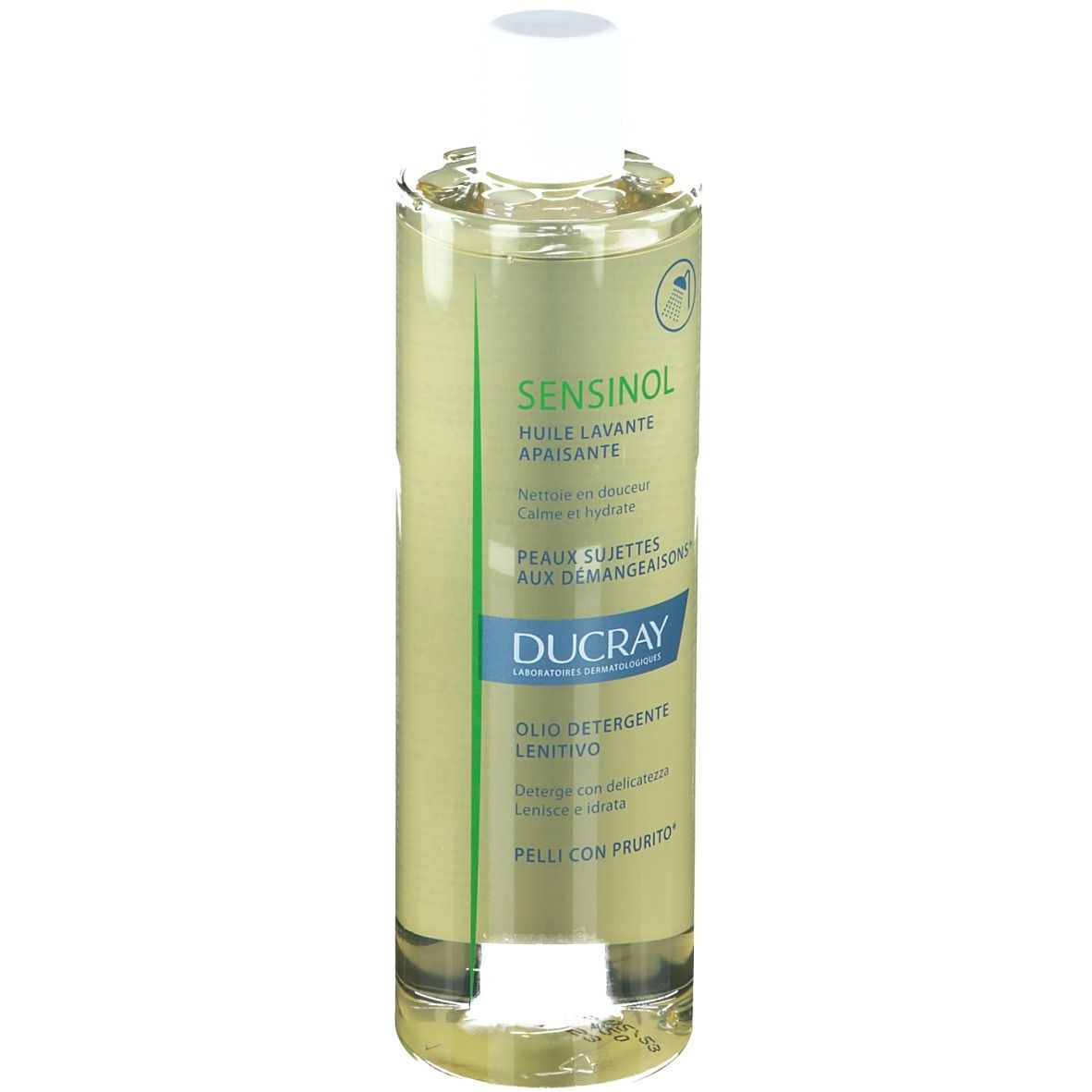 Ducray Sensinol Olio detergente. Bottiglia con liquido giallo, tappo bianco ed etichetta.