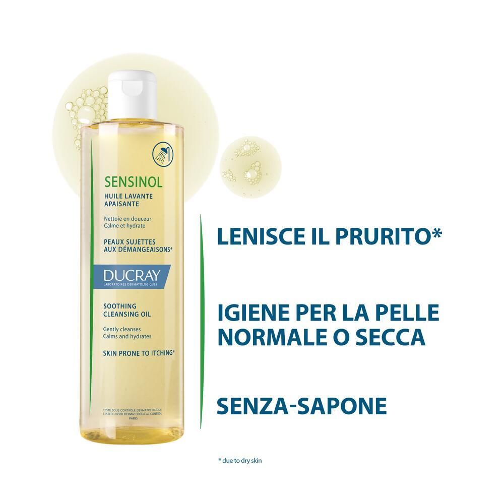 Ducray Sensinol. Testo: Allevia il prurito, per pelli normali/secche. Senza sapone.