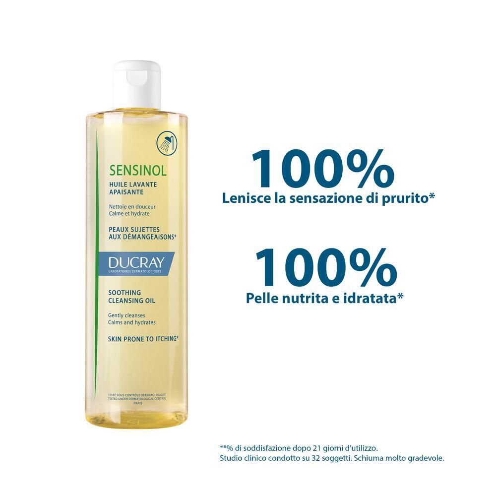 Ducray Sensinol. Testo: 100% lenisce il prurito, 100% pelle nutrita e idratata.