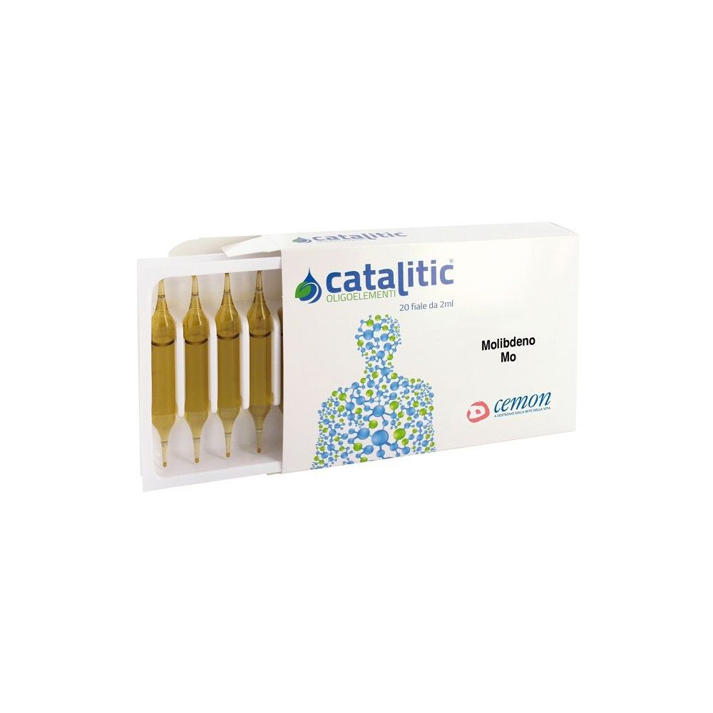 Packung mit Ampullen. Aufschrift: Catalitic Oligoelementi, Molibdeno Mo. Geöffnete Packung mit 4 Ampullen sichtbar.