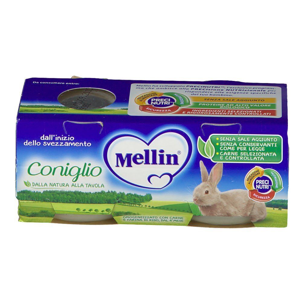 Verpackung mit zwei Gläsern Mellin® Omog Coniglio. Aufdrucke: Marke, Produktname, Kaninchen-Abbildung, Logos.