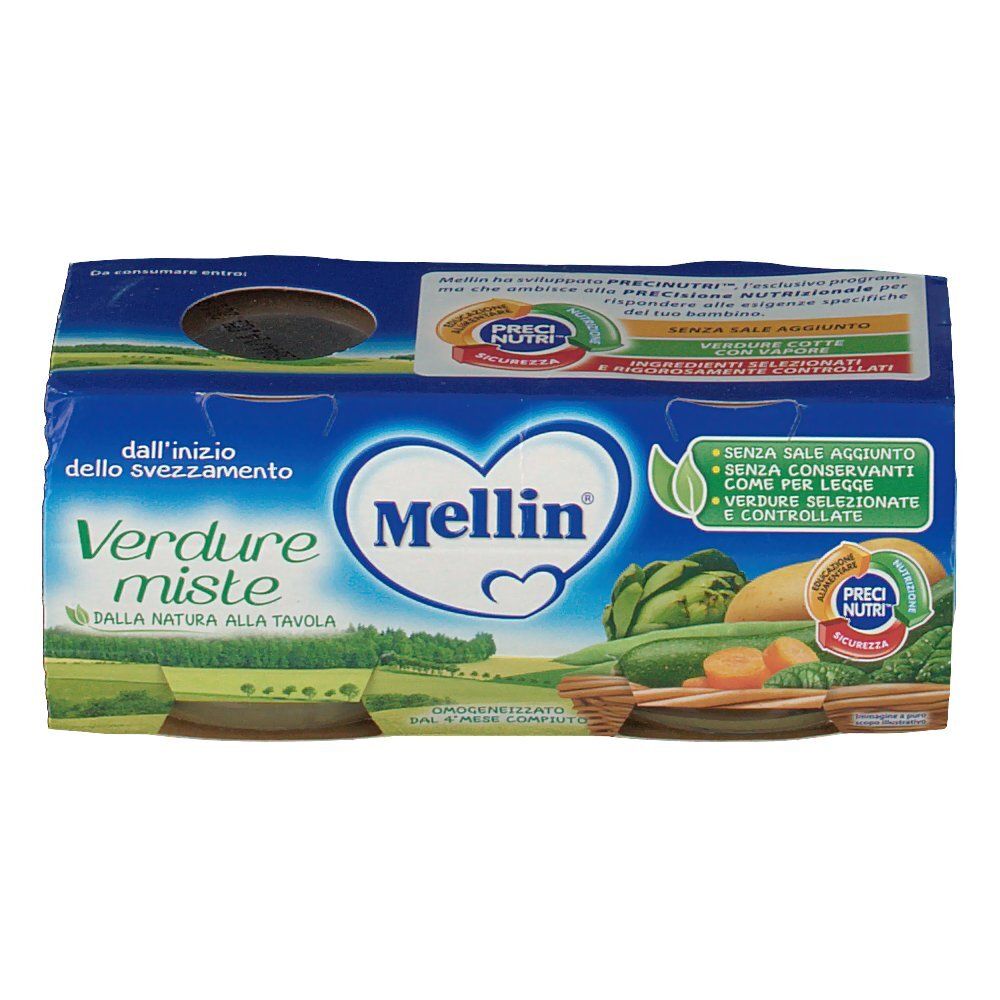 Verpackung mit zwei Gläsern Gemüsepüree. Aufschrift: Verdure Miste, Mellin. Ab dem 4. Monat. Abgebildet: Gemüse.