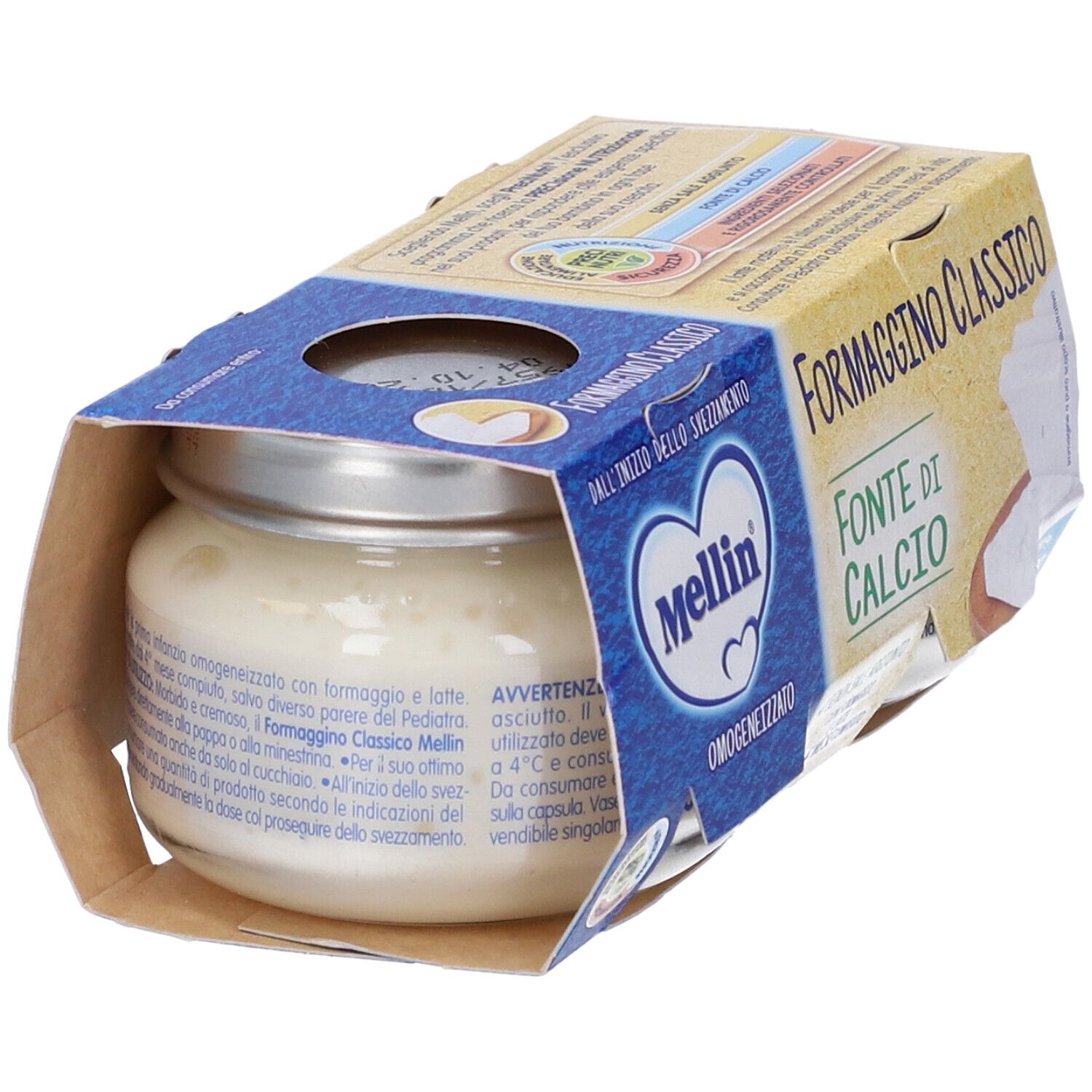 Glas mit Mellin Formag class 2x80 ml in geöffneter Verpackung. Aufschrift: Formaggino Classico, Fonte di Calcio. Marke Mellin.