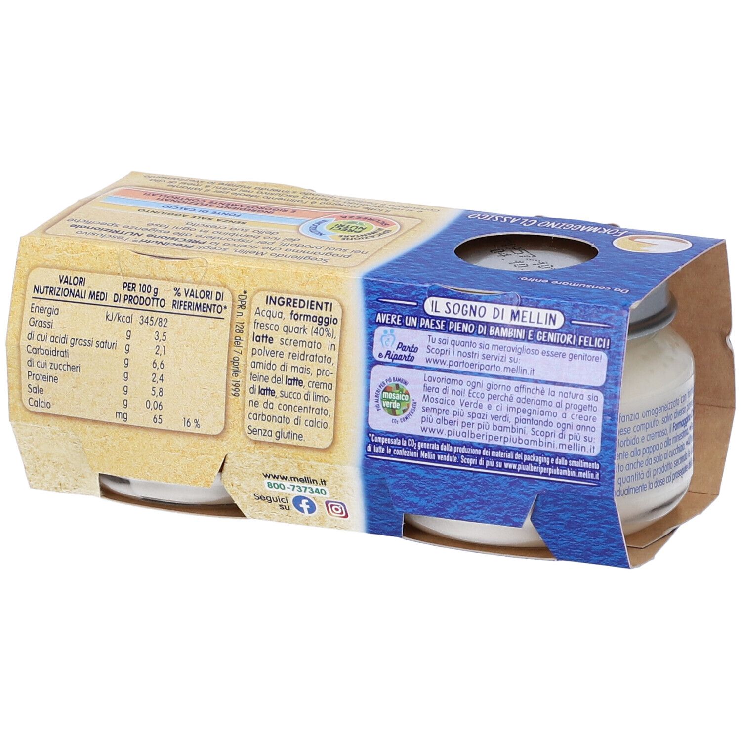 Rückseite der Verpackung mit zwei Gläsern Mellin Formag class 2x80 ml. Aufschriften: Nährwertangaben, Zutaten. Marke Mellin.