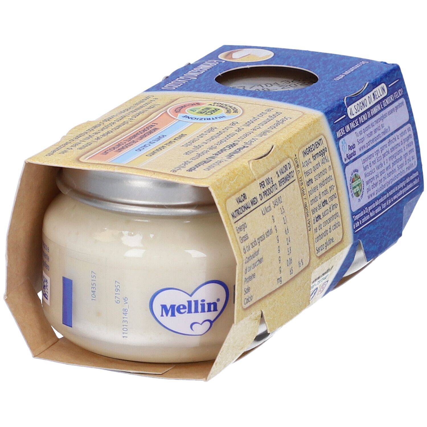 Glas mit Mellin Formag class 2x80 ml in geöffneter Verpackung. Aufschriften: Nährwertangaben, Zutaten. Marke Mellin.